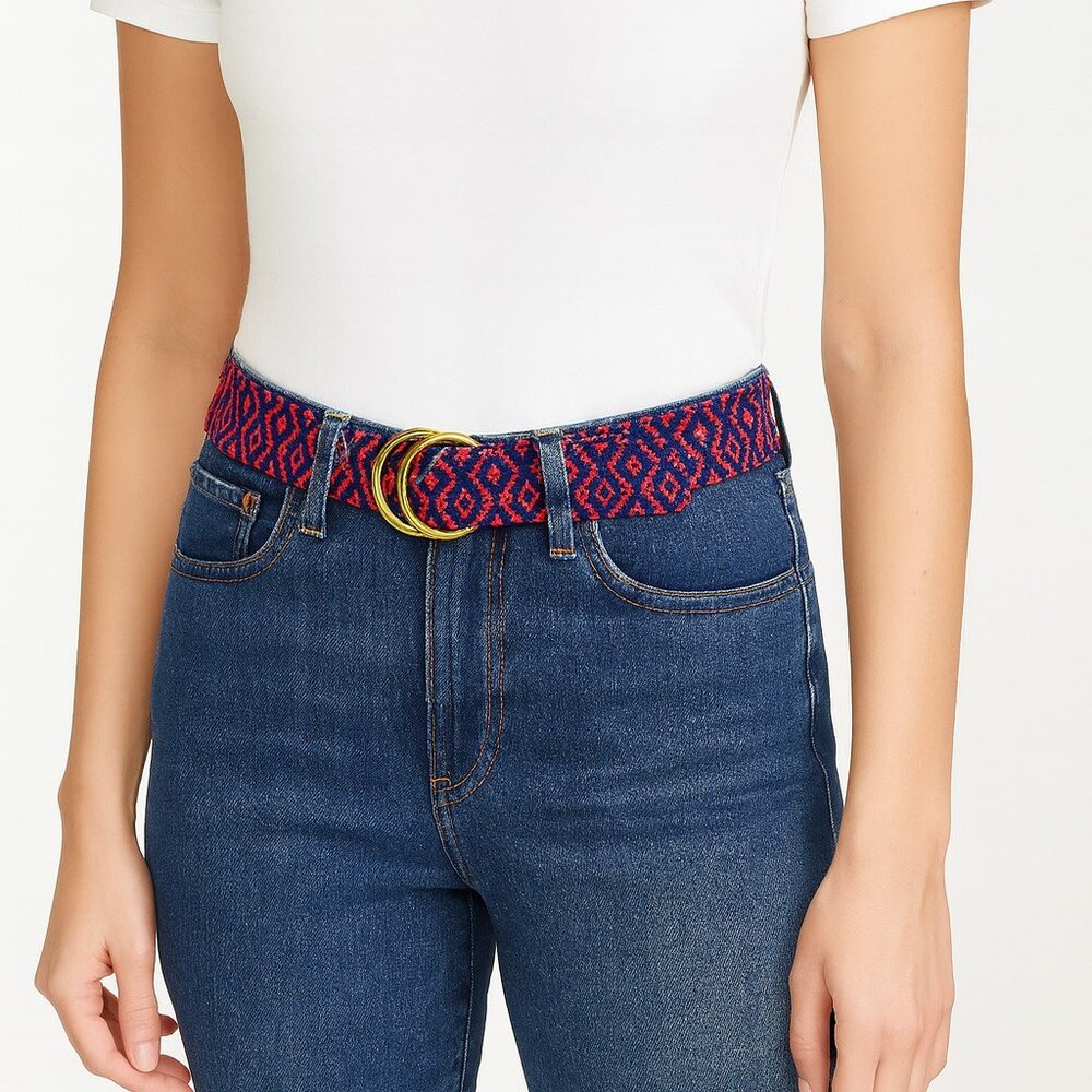 J. Crew Blue Orange Ring Web Woven Belt Geometric Print 85336 Womens Size S/M